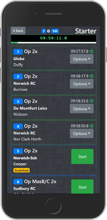 Screenshot of the RaceLeader timing app showing the starters screen